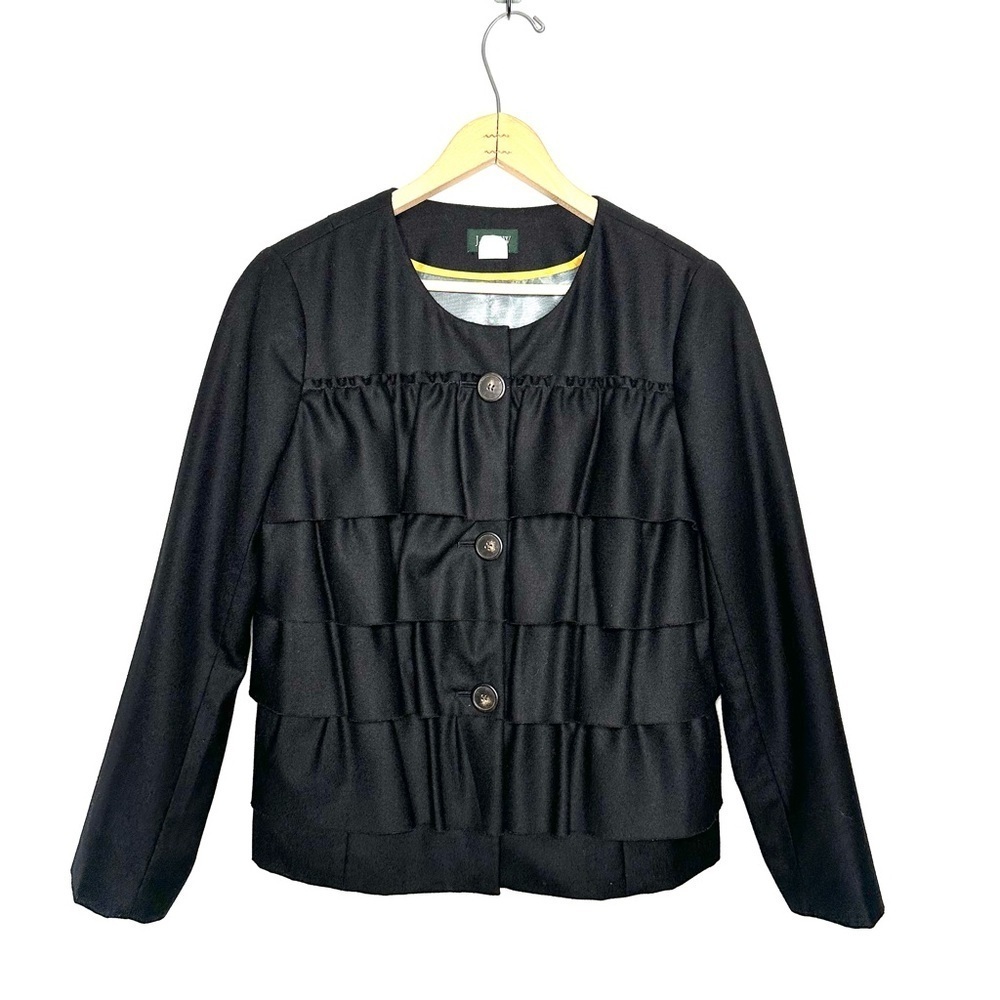 J. Crew | Black Wool Cascade Ruffle Front Coat